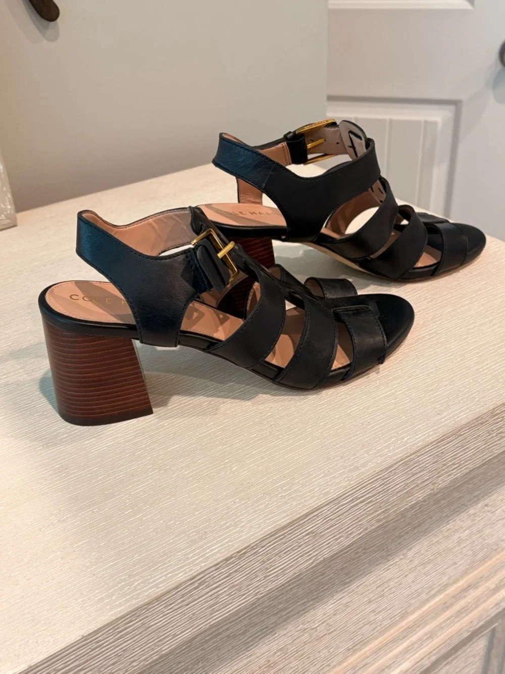 Cole Haan Black Leather Multi-Strap Sandals with Gold Buckle